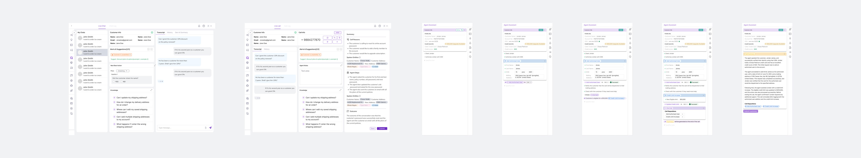 Final Agent Assist UI design showing unified call interface with customer context, real-time transcription, alerts, agent steps, and summary panels