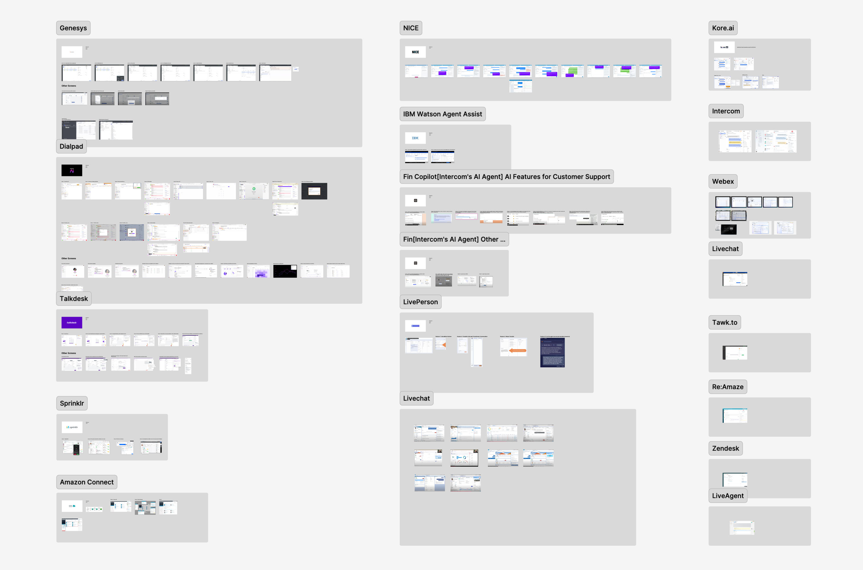 Competitor interface audit showing UI patterns across Genesys, NICE, IBM Watson, Intercom Fin, Kore.ai, Talkdesk, Sprinklr, Amazon Connect, and other contact center platforms