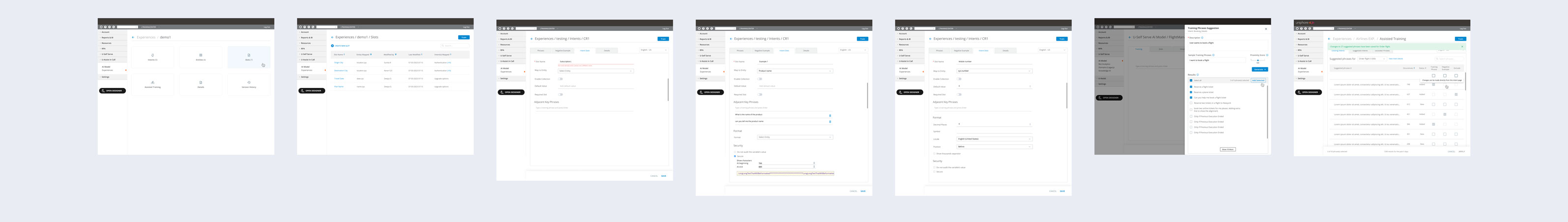 Legacy design-time configuration interfaces across three separate products showing fragmented and inconsistent UI patterns